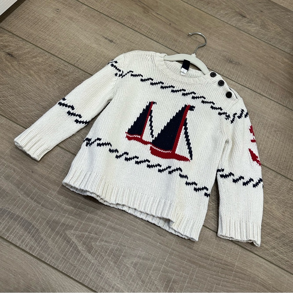 GAP White Knit Sweater with Navy & Red Sailboat Motif